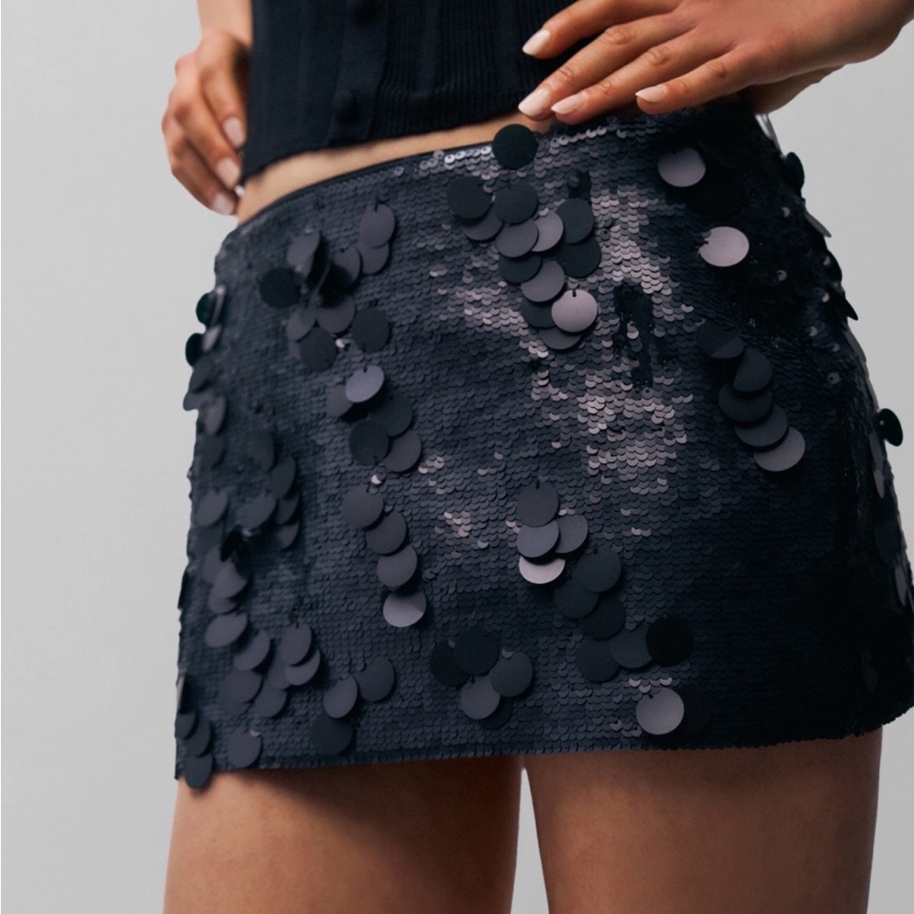 Danielle Guizio Low Rise Paillette Mini Skirt in Black Matte - XL